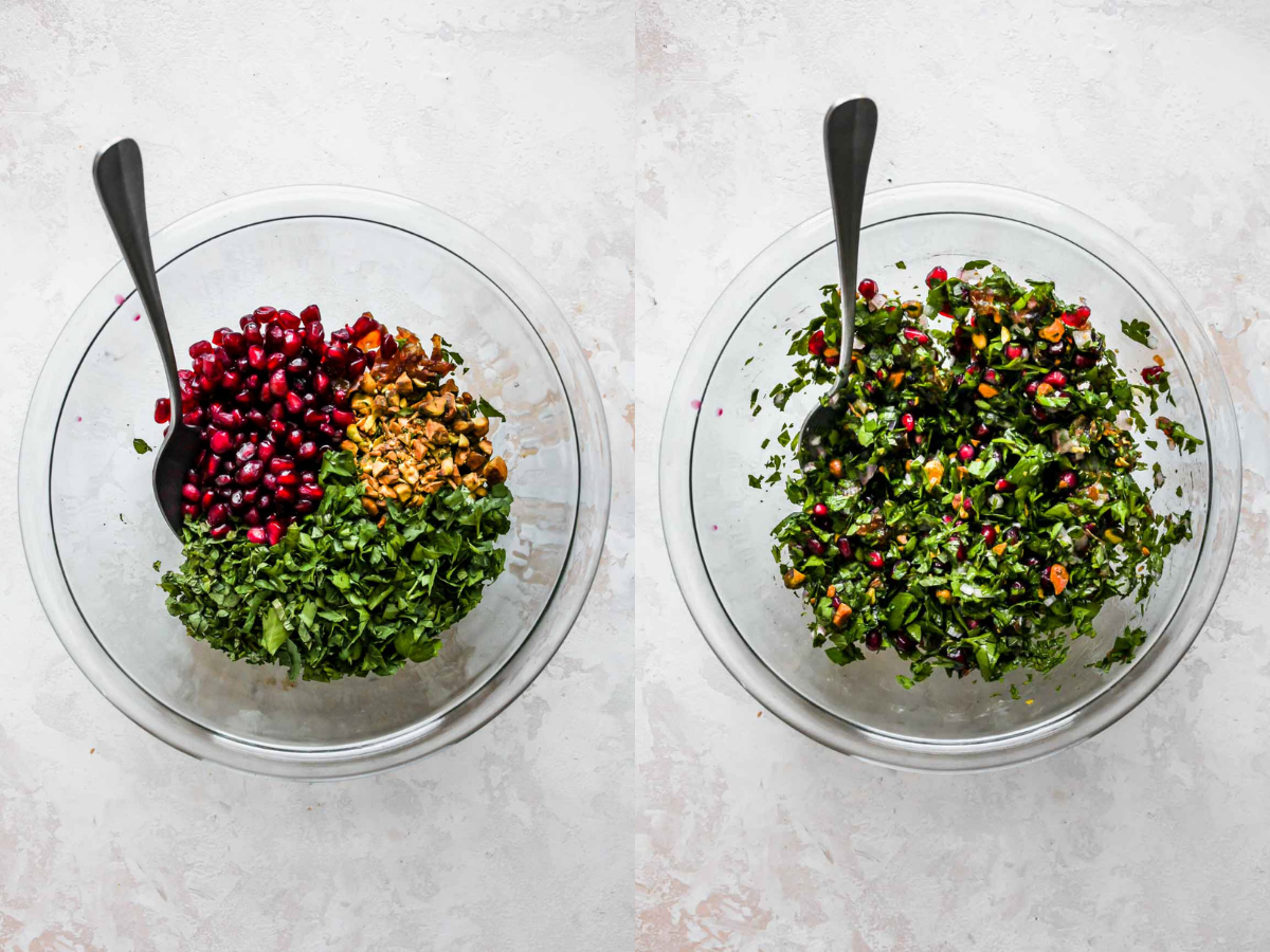 Herbs, pomegranate arils, and pistachios being mixed in a bowl