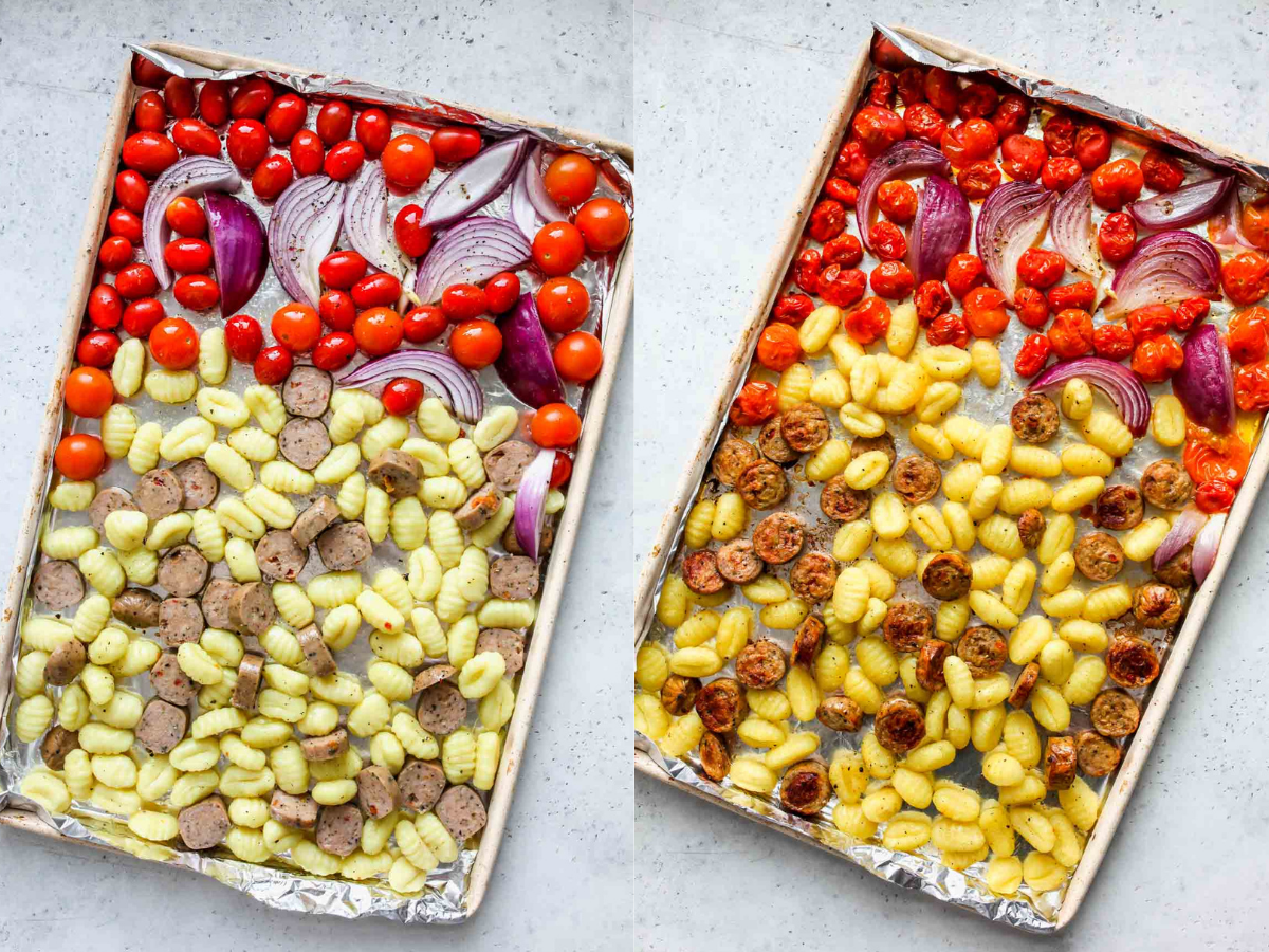 pasta, sausage, and veggies being roasted on a rimmed baking sheet