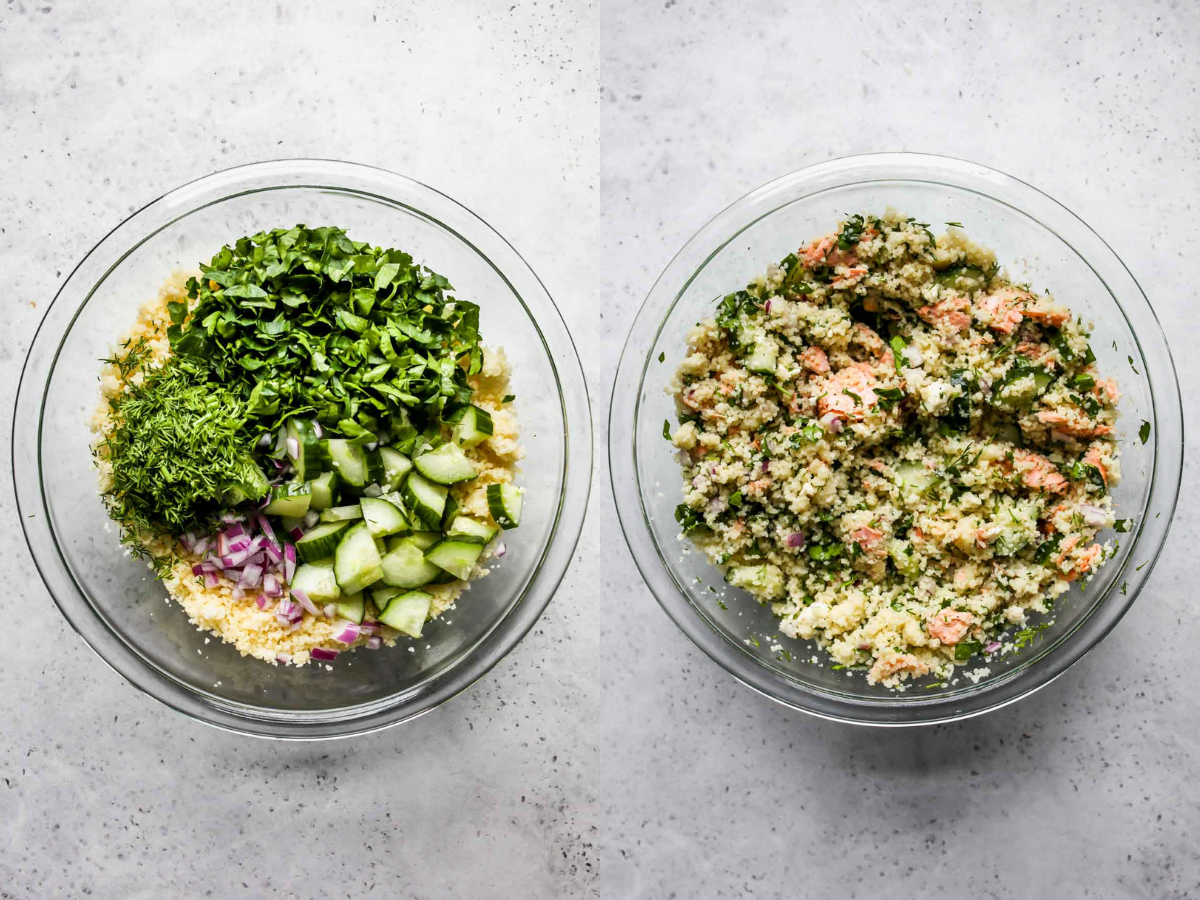 Couscous and herbs being mixed with flaked salmon in a clear mixing bowl