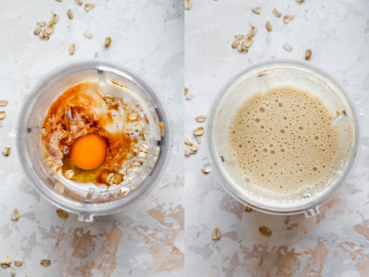oats, milk, egg, and peanut butter being blended in a Nutribullet