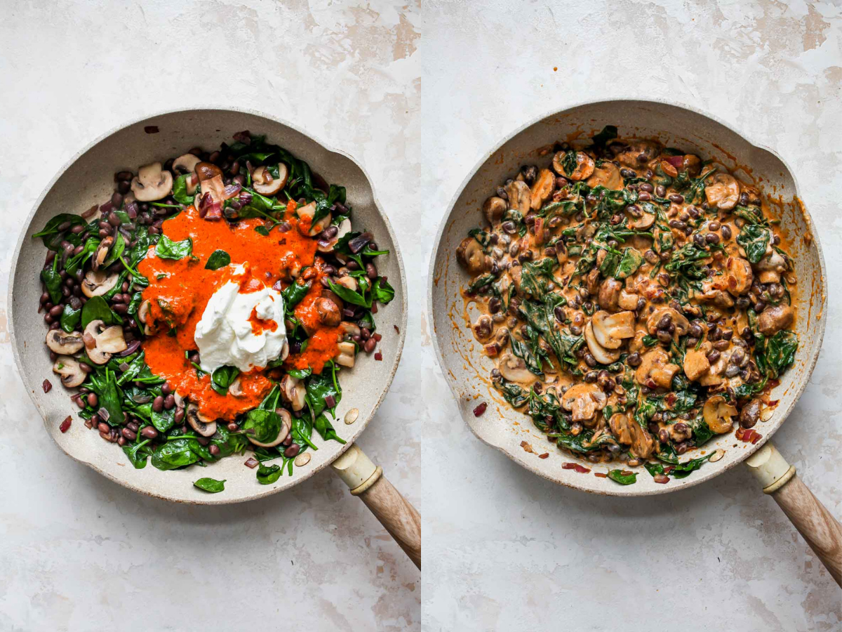 Yogurt and enchilada sauce being added to a skillet of veggies