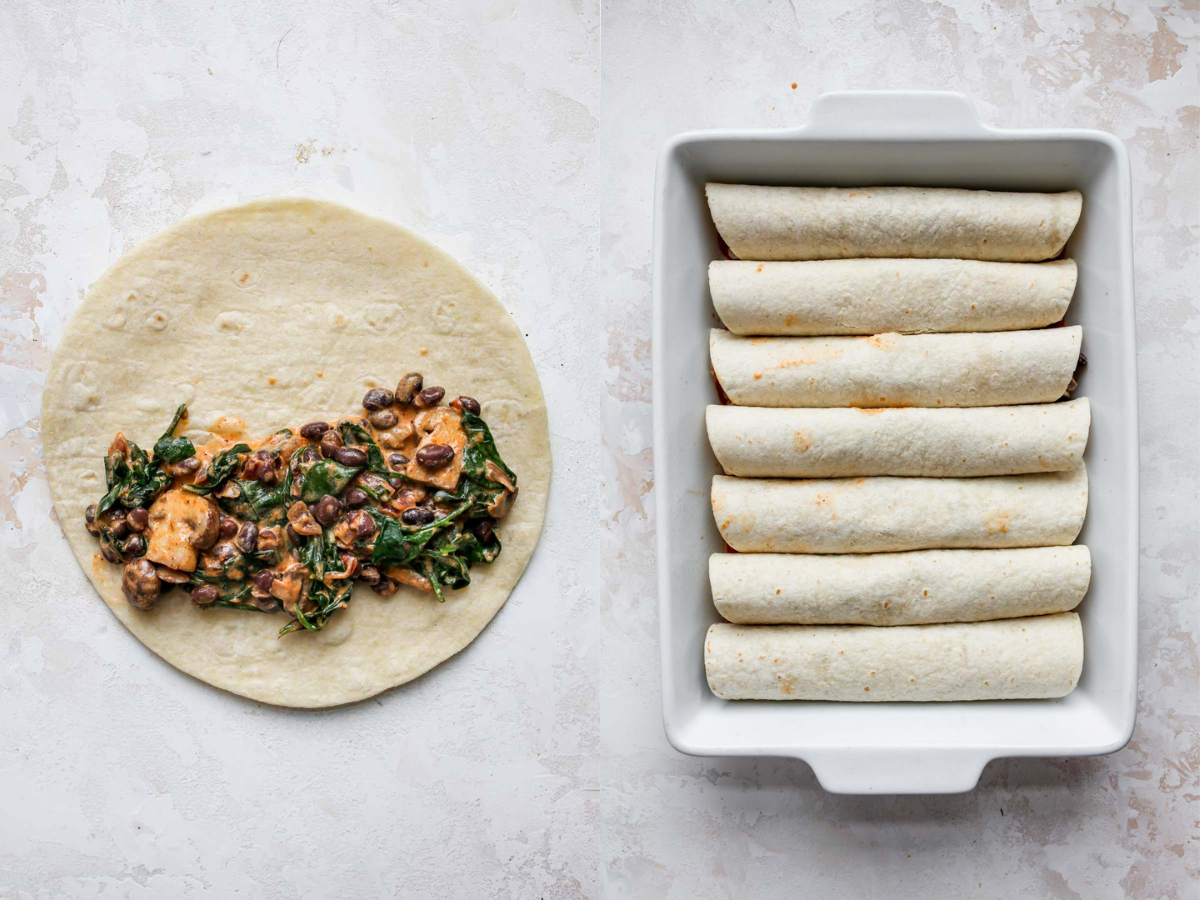 Filling being rolled in tortillas and arranged in a baking dish