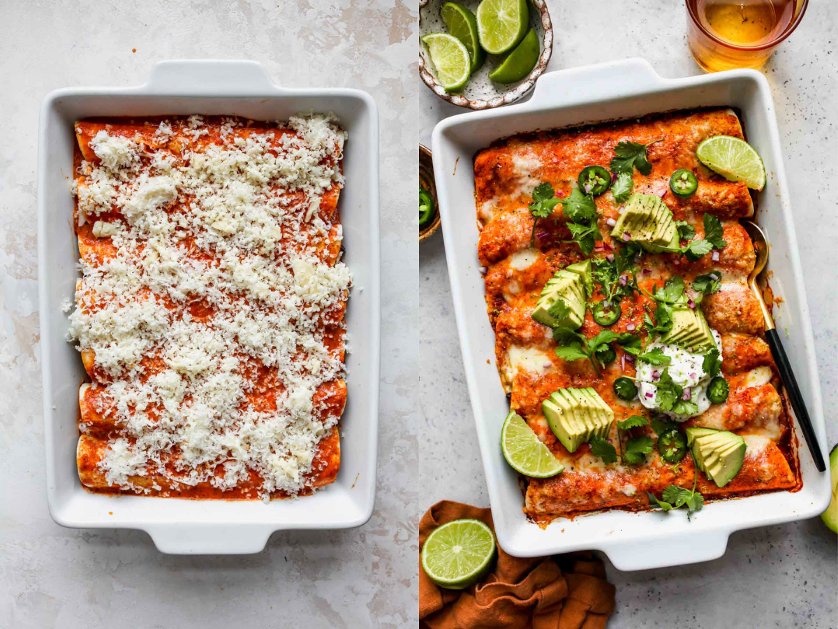 Veggie enchiladas being topped with sauce and cheese and baked
