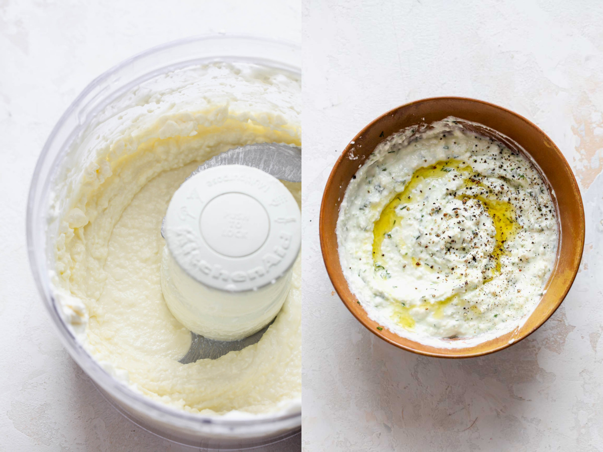 Feta tzatziki being blended in a food processor and served in a gold bowl