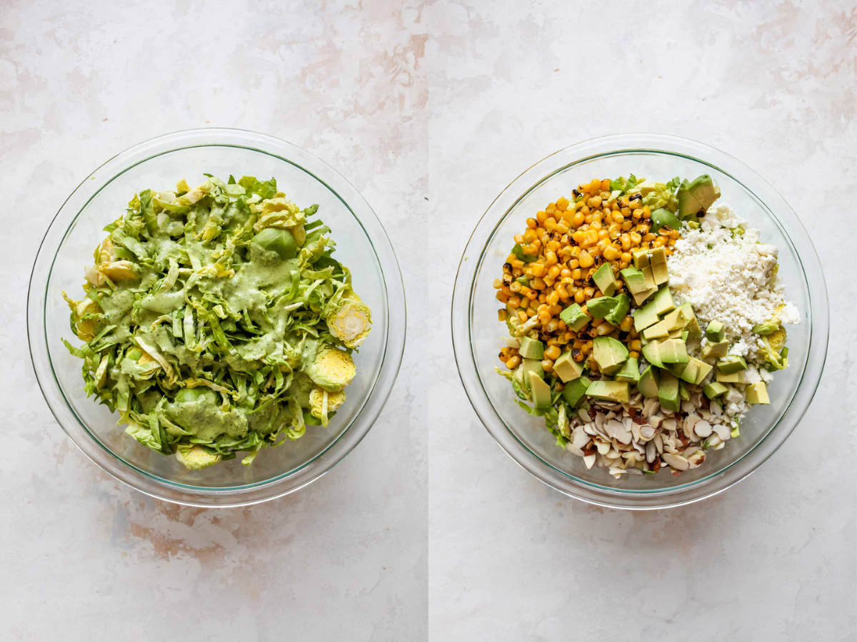 Brussels, corn, almonds, cheese, and avocado being tossed in a mixing bowl