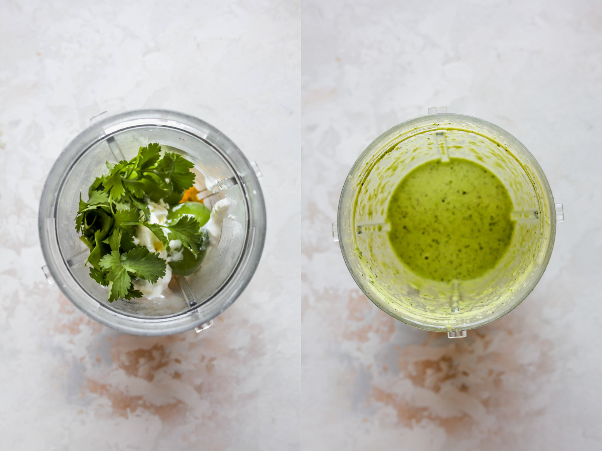 Tomatillo dressing being blended in a Nutribullet