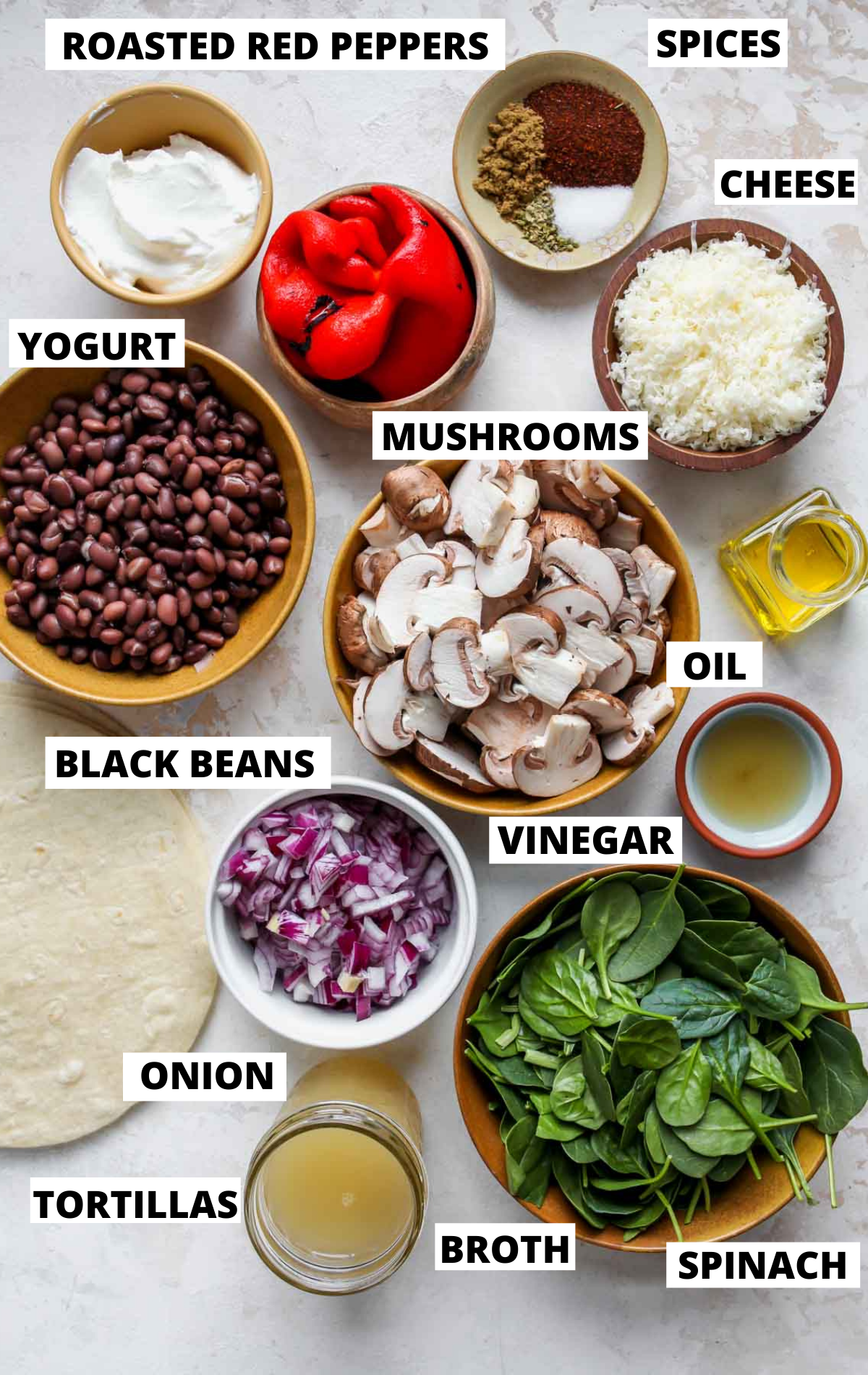 Recipe ingredients in separate bowls on a white board with labels
