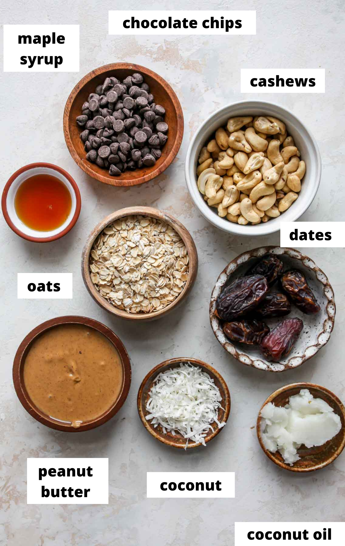 Recipe ingredients in separate bowls on a white board with labels