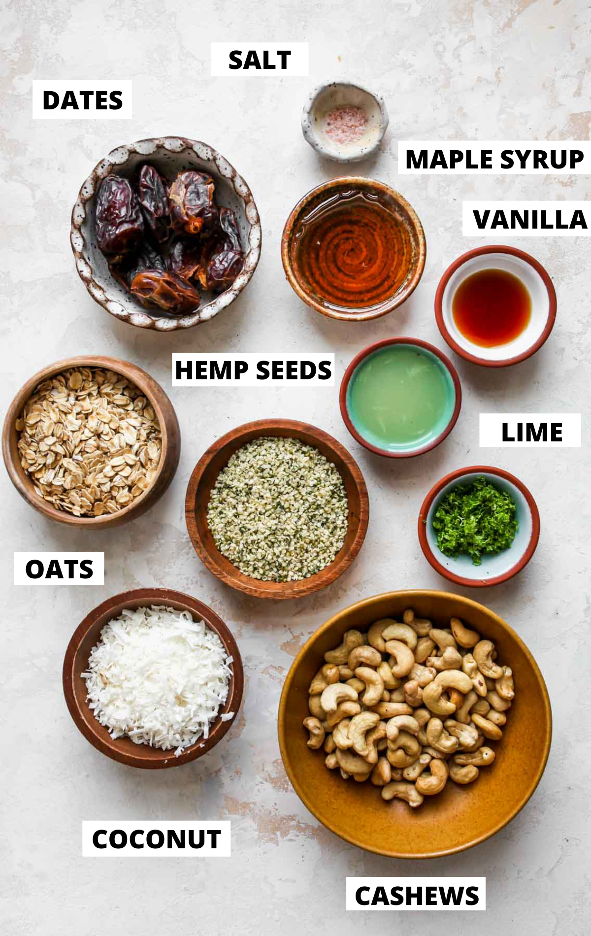 Recipe ingredients in separate bowls with labels