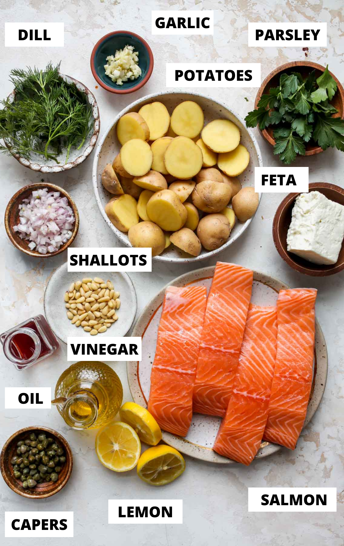 Recipe ingredients in separate bowls with labels