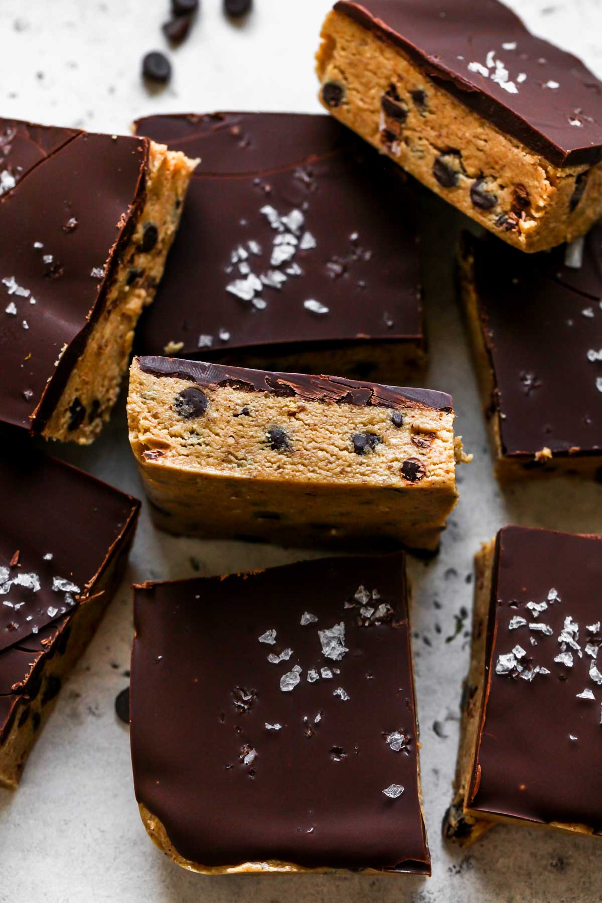 Protein bars arranged on a cutting board