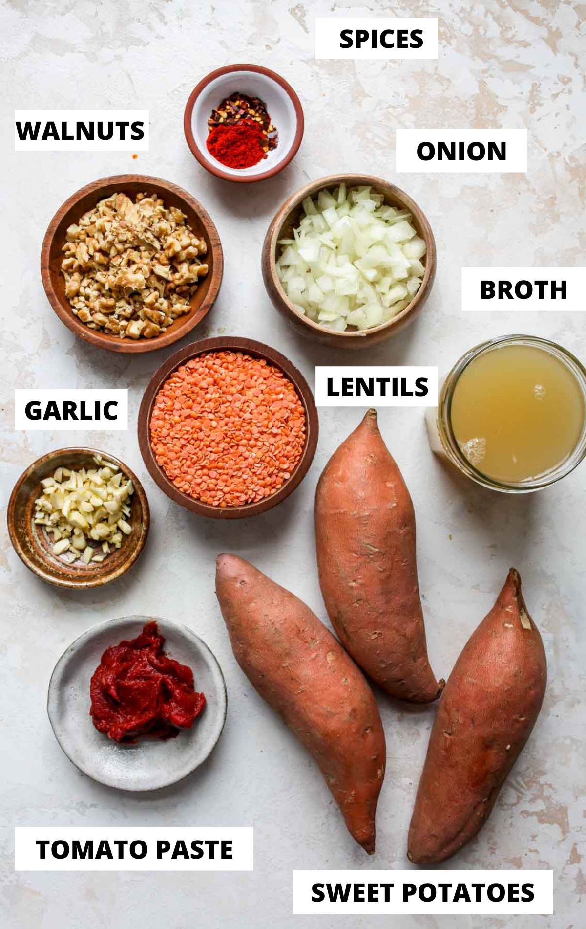 Recipe ingredients in separate bowls with labels
