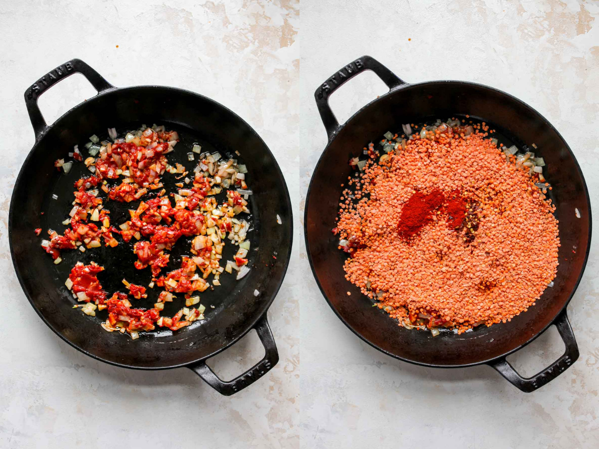 Aromatics and tomato paste simmering in a skillet