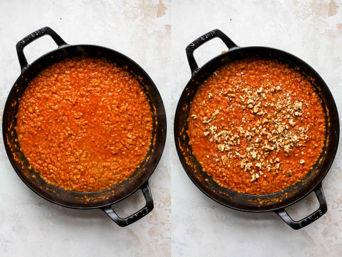 Red lentils simmering in a skillet