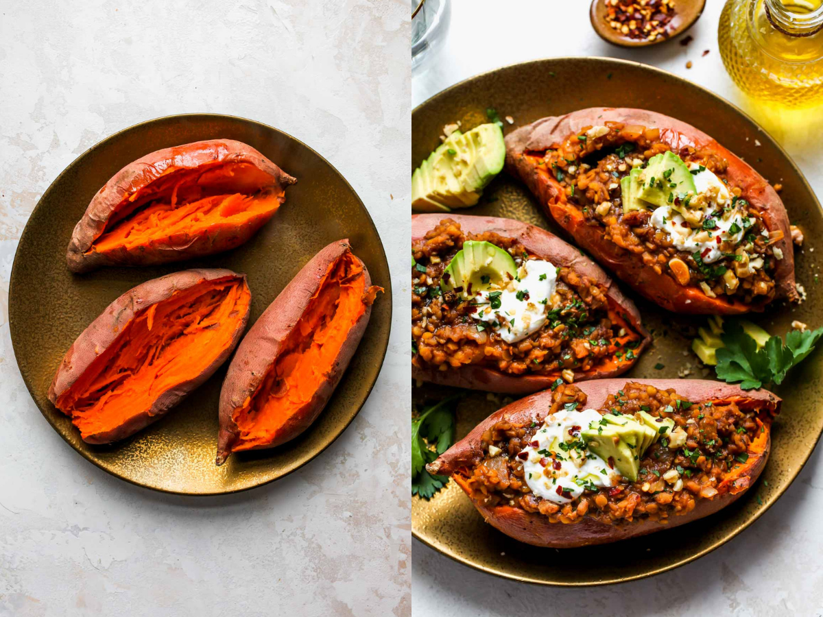 Roasted sweet potatoes sliced in half and stuffed with lentil mixture