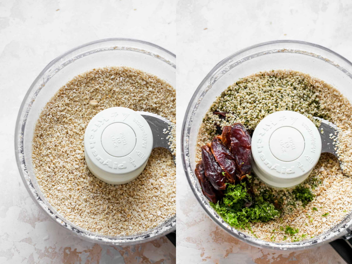 Cashews, dates, hemp seeds, and oats being blended in a food processor