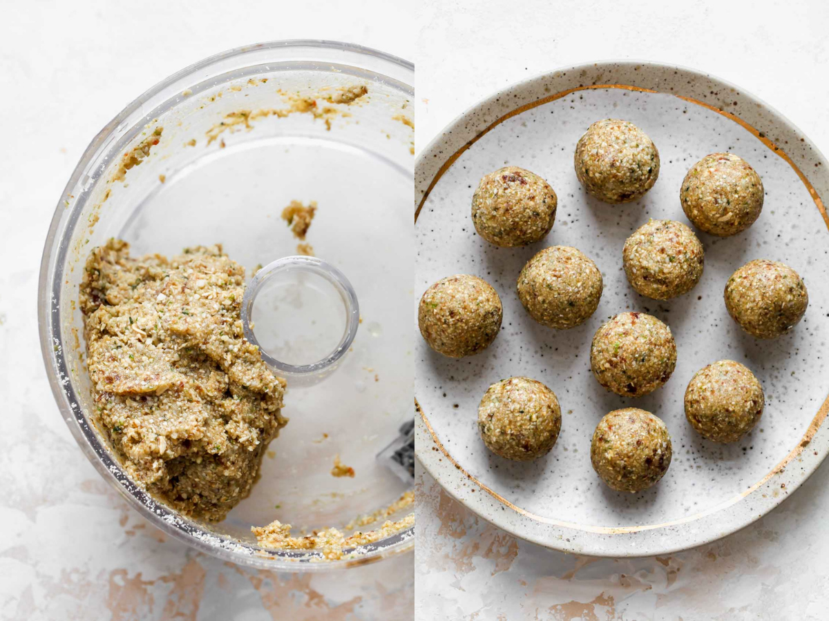 Blended oat and date mixture being rolled into balls