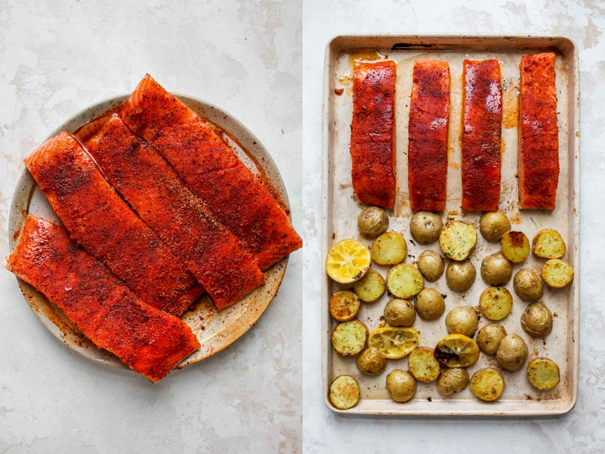 Four salmon fillets being seasoned and added to a sheet pan