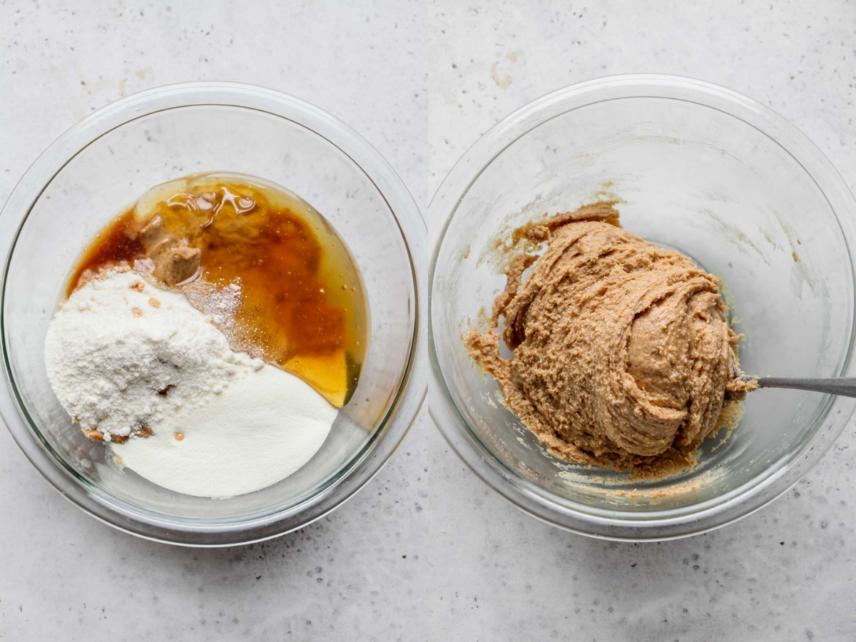Peanut butter, collagen, honey, and coconut flour being mixed in a bowl