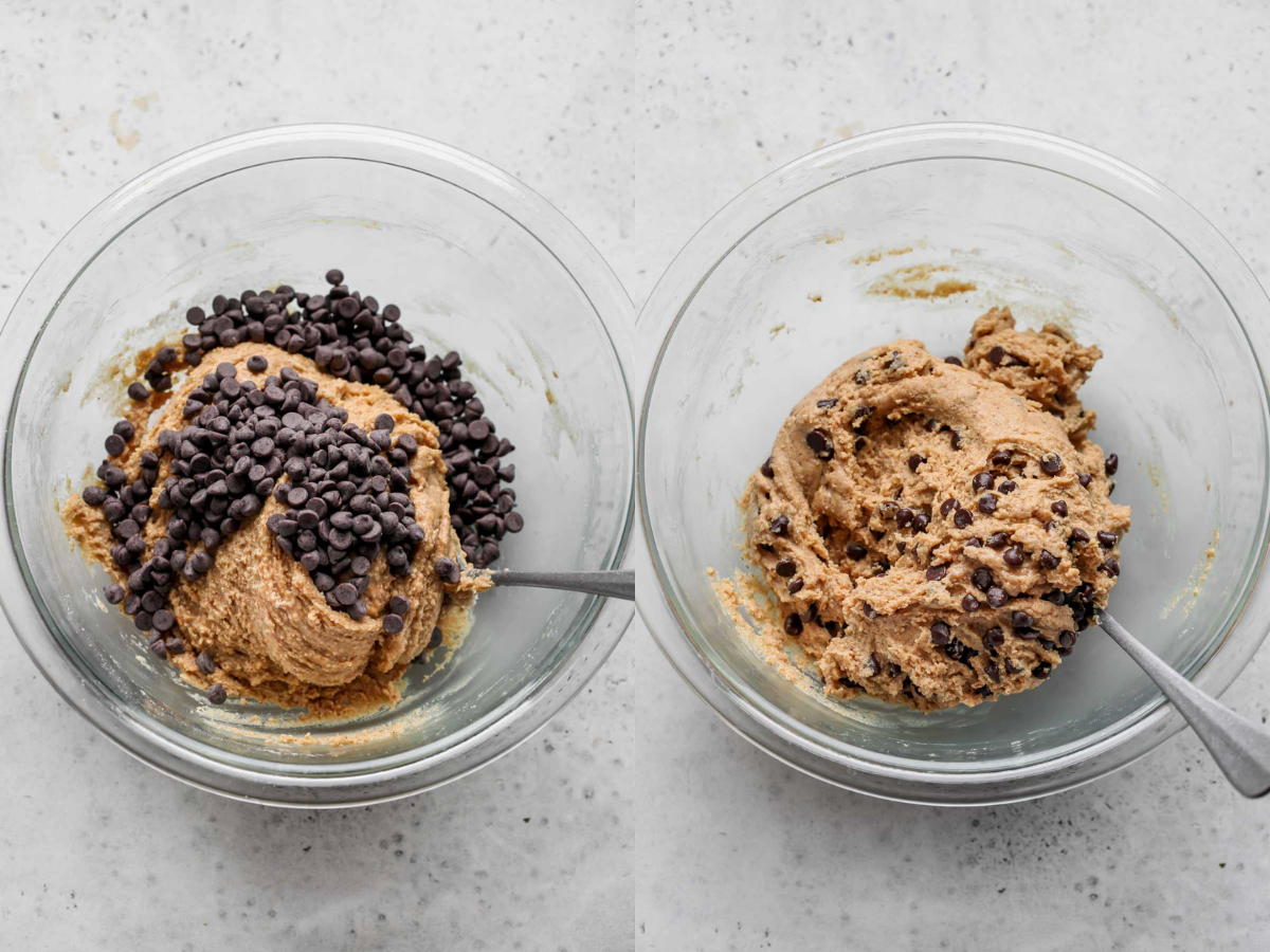 Chocolate chips being folded into peanut butter mixture