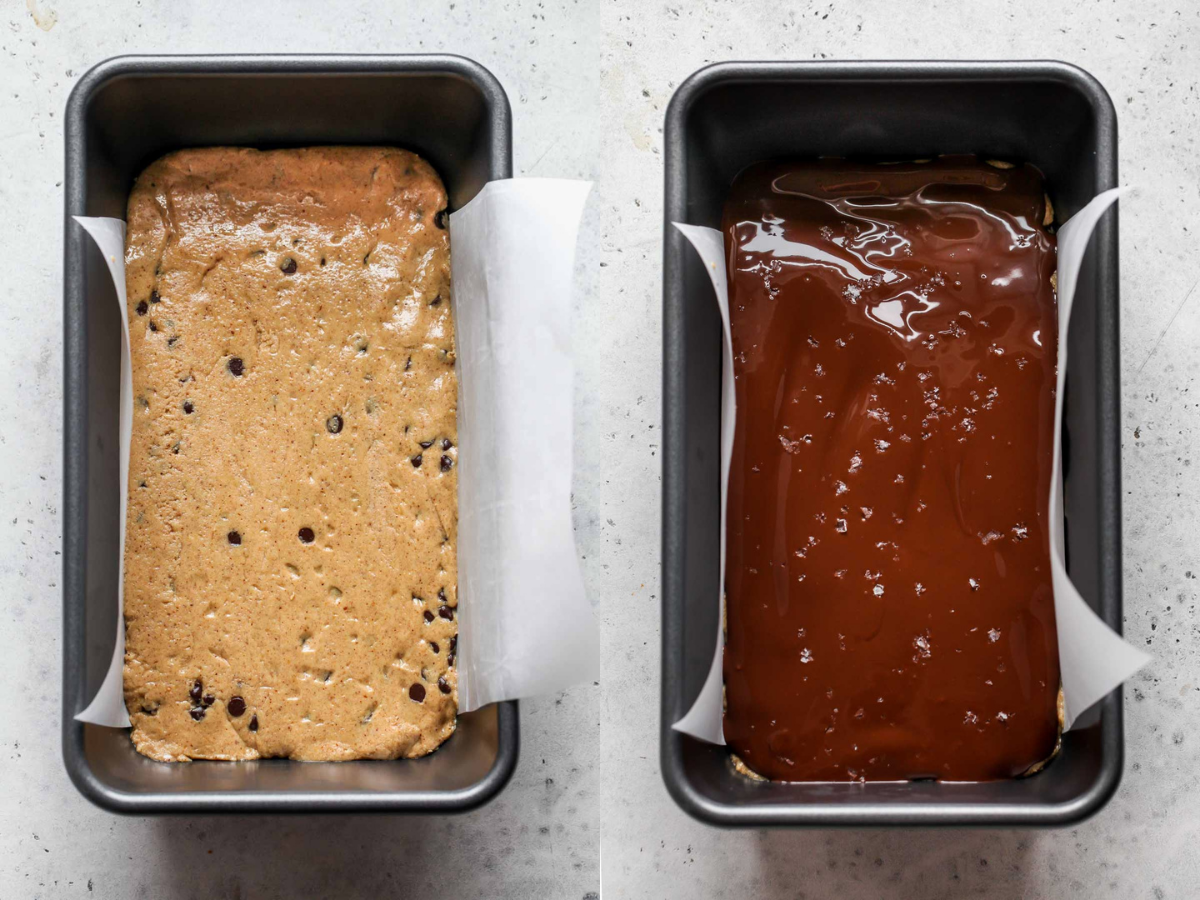 Bars being pressed into a loaf pan and covered in melted chocolate