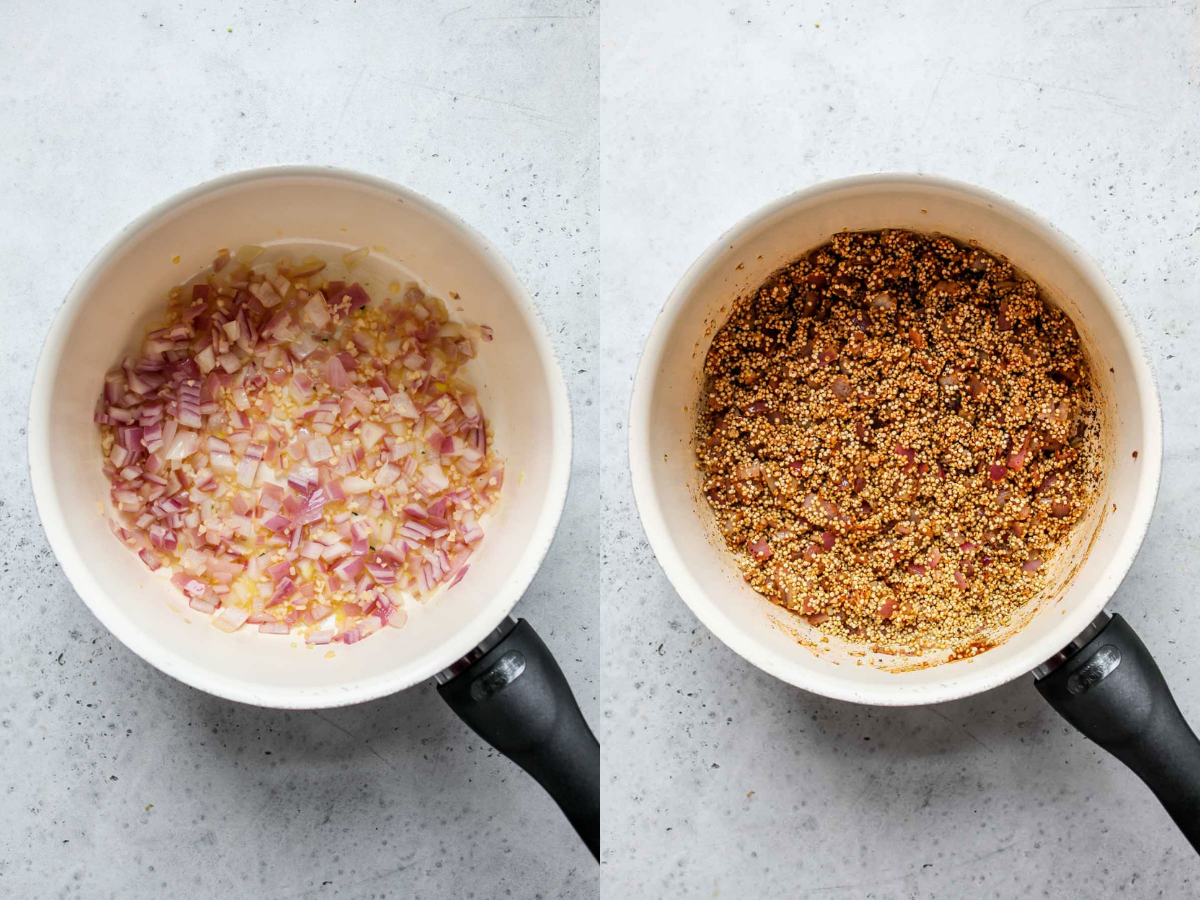 Onions, garlic, quinoa, and spices cooking in a saucepan
