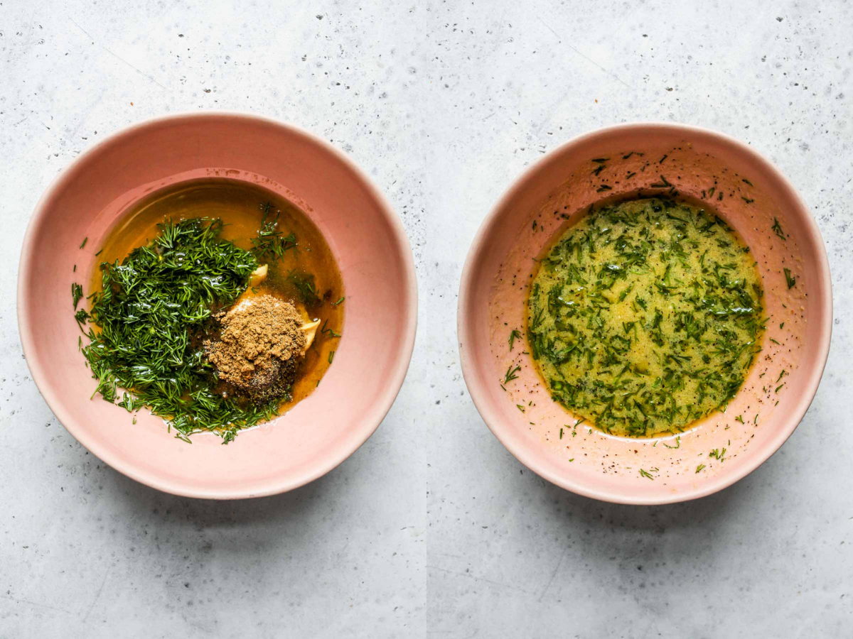 Olive oil, mustard, lemon juice, dill, and spices being mixed in a pink bowl.
