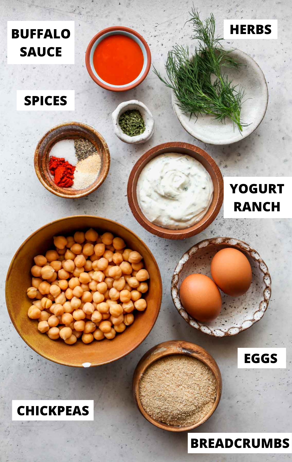 Recipe ingredients in separate bowls on a white board with labels