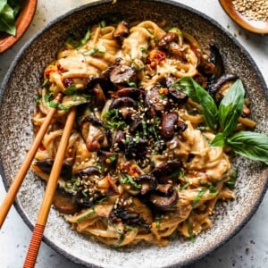 Saucy Peanut Noodles with Roasted Mushrooms