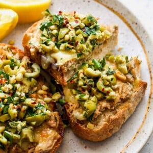 Cheesy Tuna Toast with Olive Salsa