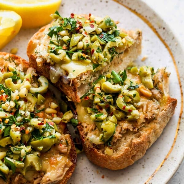 Cheesy Tuna Toast with Olive Salsa