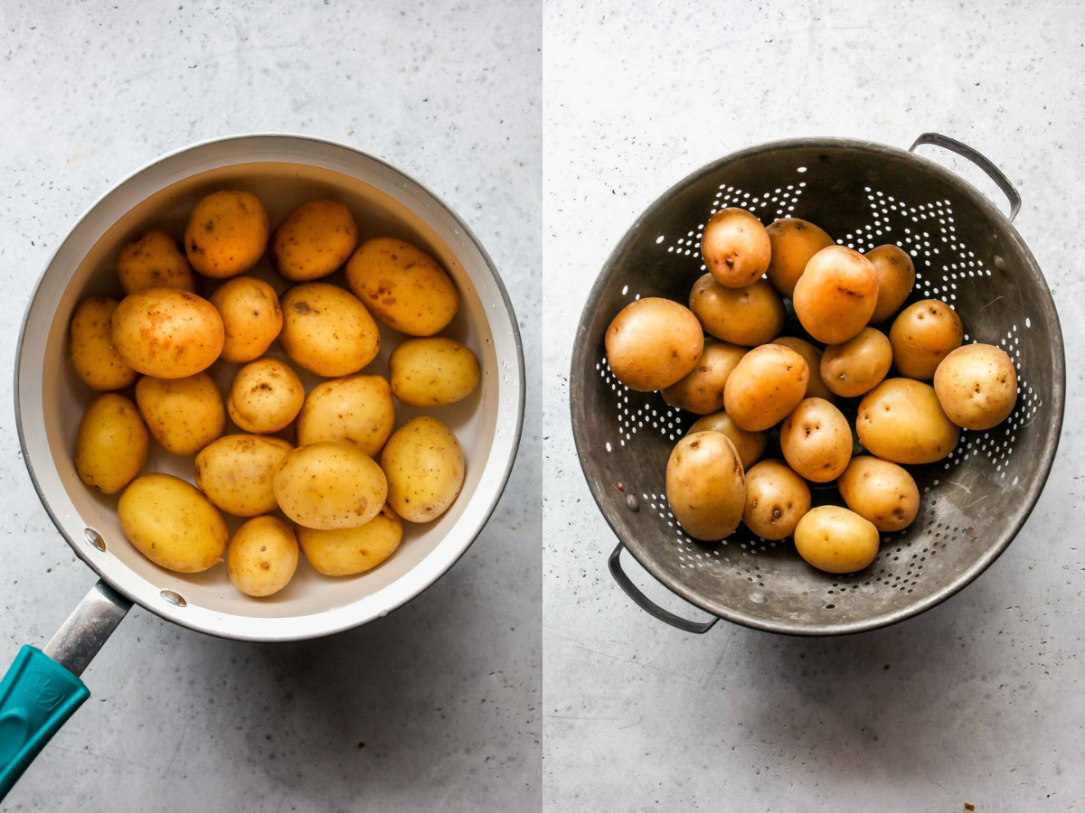 Baby yellow potatoes being boiled and drained in a colander