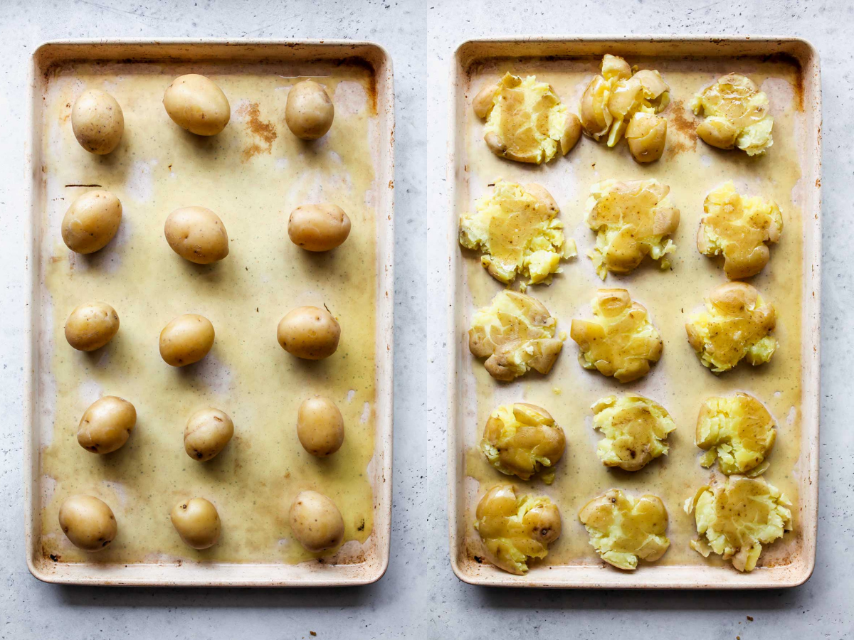 Baby yellow potatoes being smashed on a baking sheet
