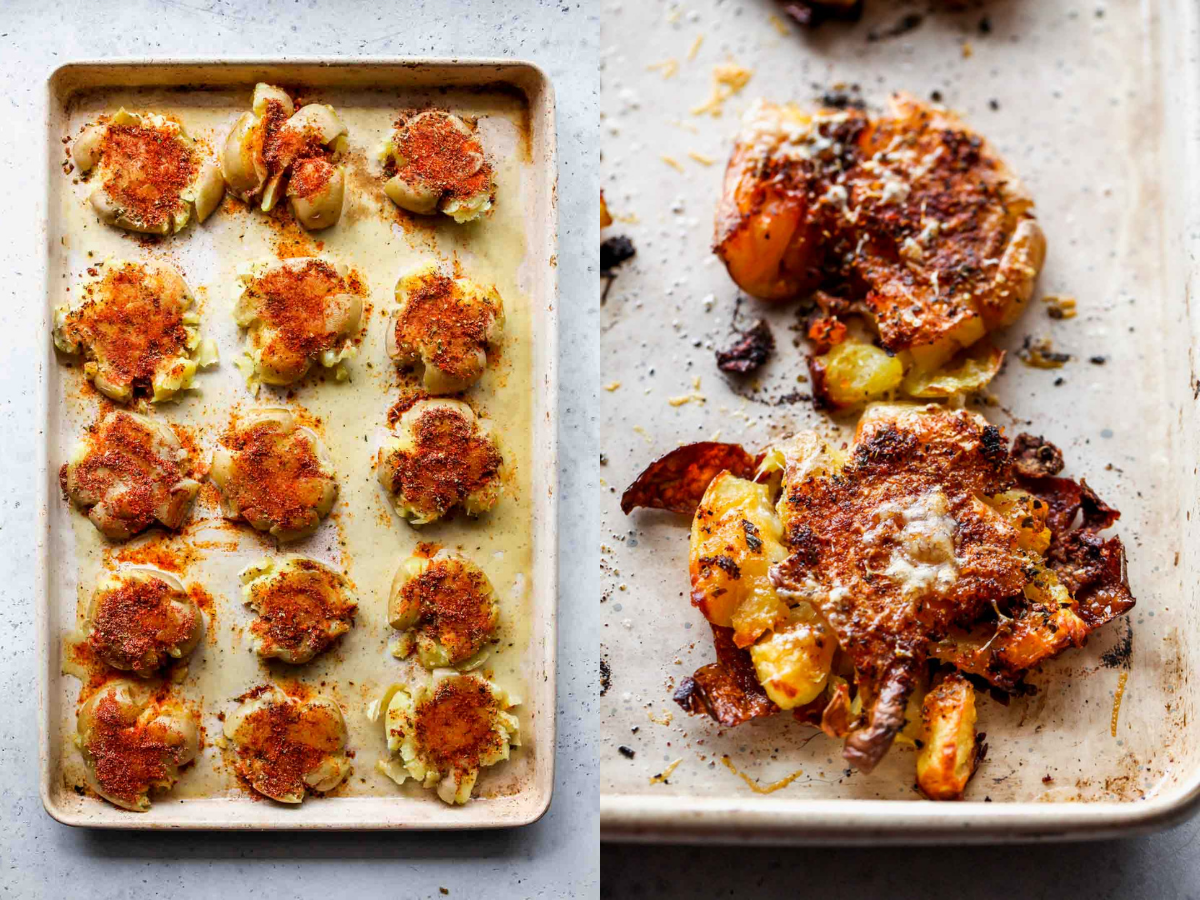 Potatoes being seasoned with spices and Parmesan on a baking sheet