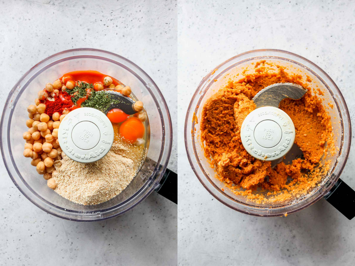 Chickpeas, eggs, breadcrumbs, and herbs being blended in a food processor