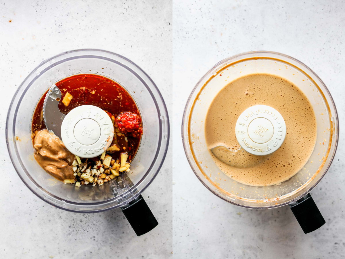 Peanut butter, soy sauce, chili sauce, aromatics, and vinegar being blended in a food processor