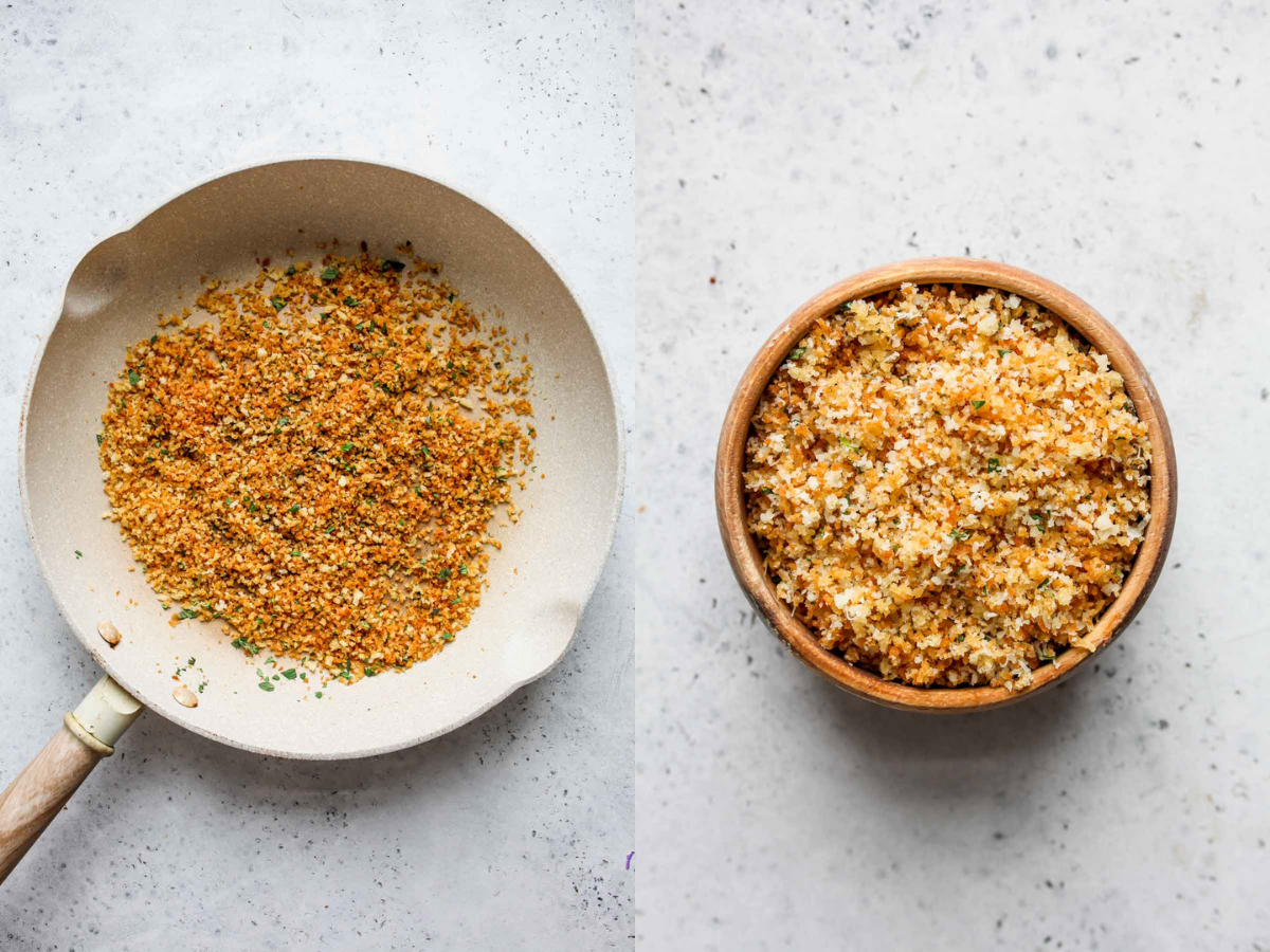 Panko breadcrumbs and fresh oregano being toasted in a skillet, transferred to a bowl, and mixed with fresh Parmesan cheese.