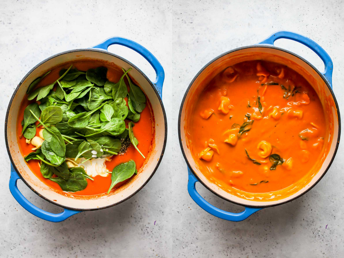 Spinach, cheese tortellini, and heavy cream being added to a pot of soup.