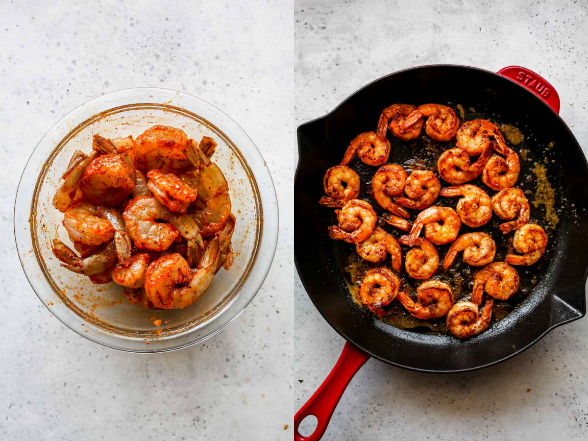 Shrimp seasoned with paprika being sautéed in a skillet