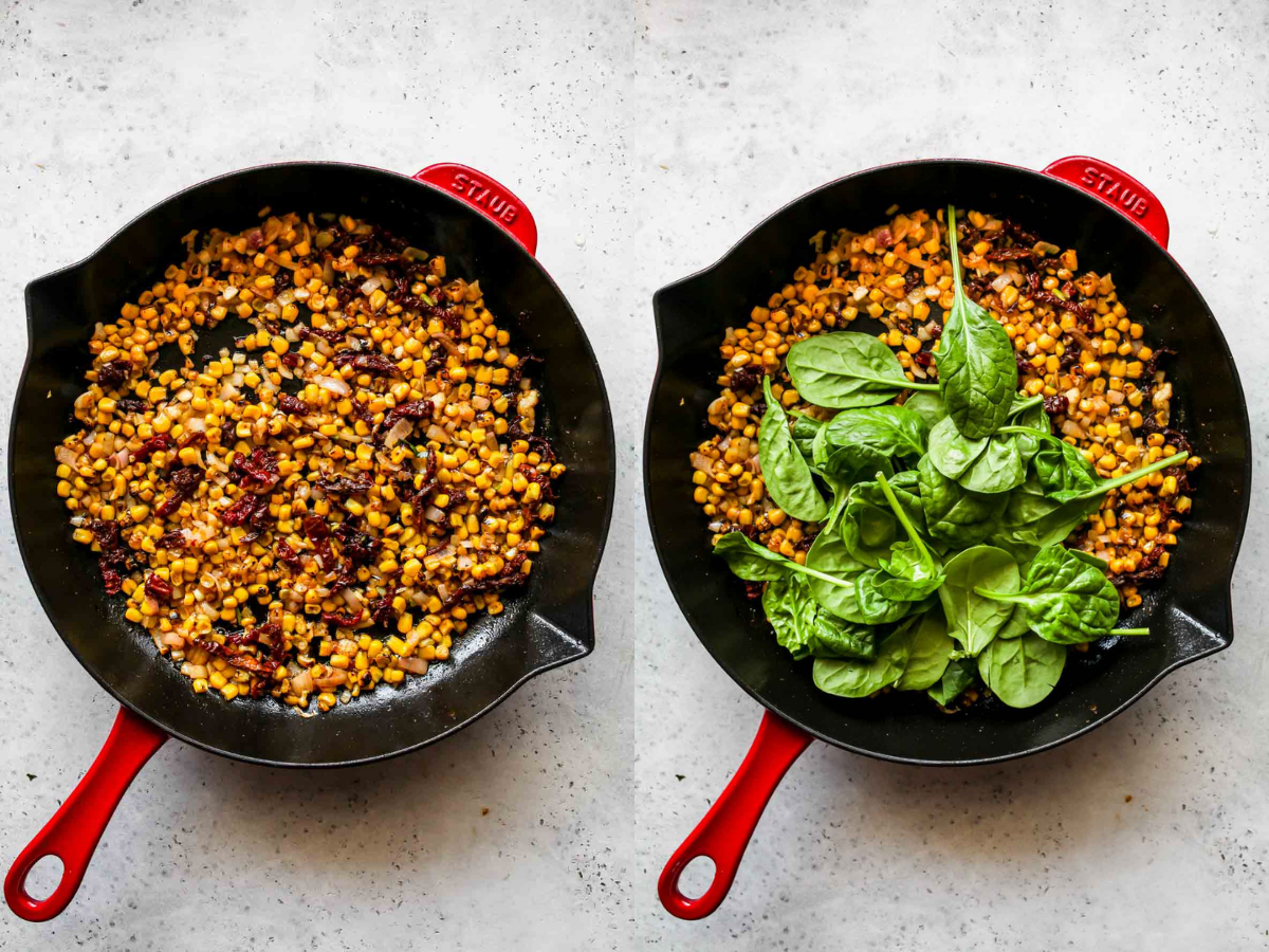 Shallots, garlic, corn, and spinach being sautéed in a skillet