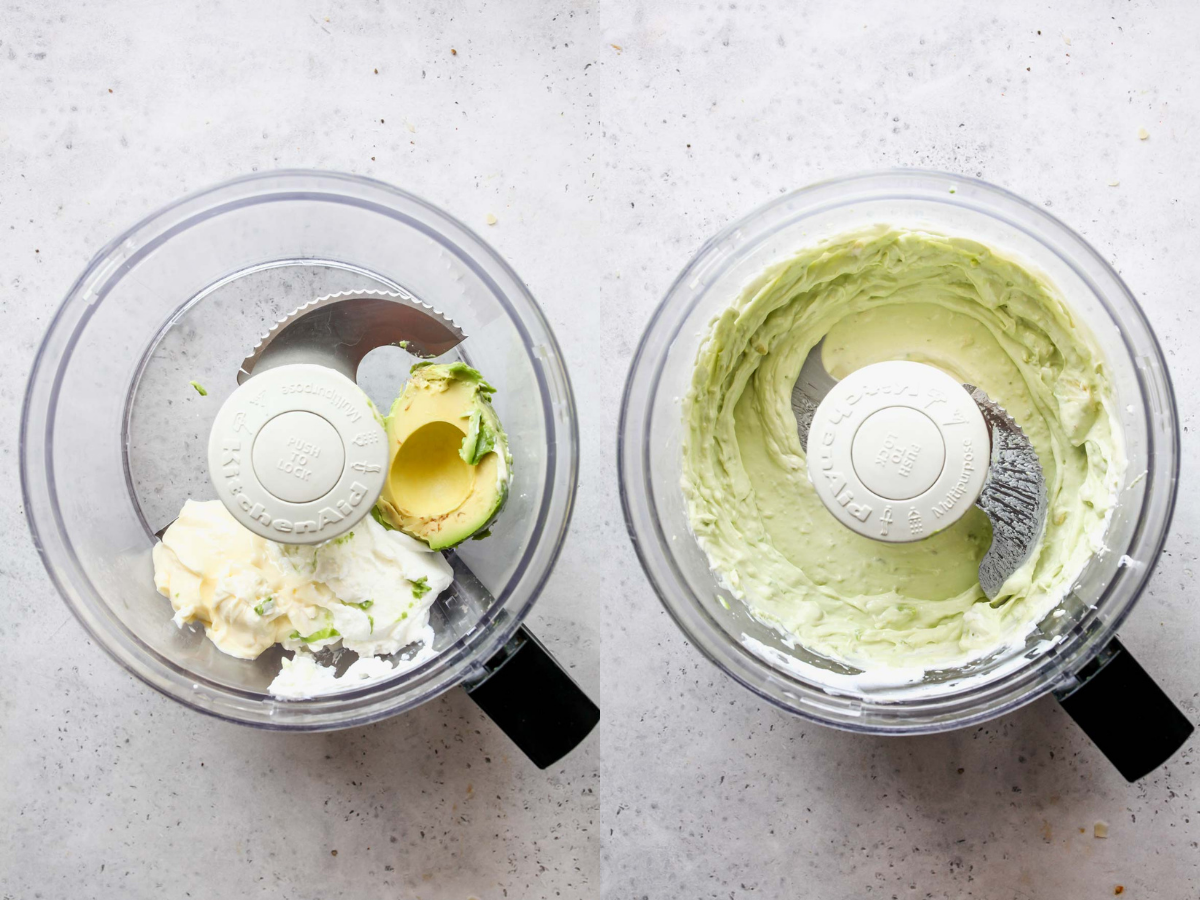 Avocado, yogurt, and mayo being blended in a food processor