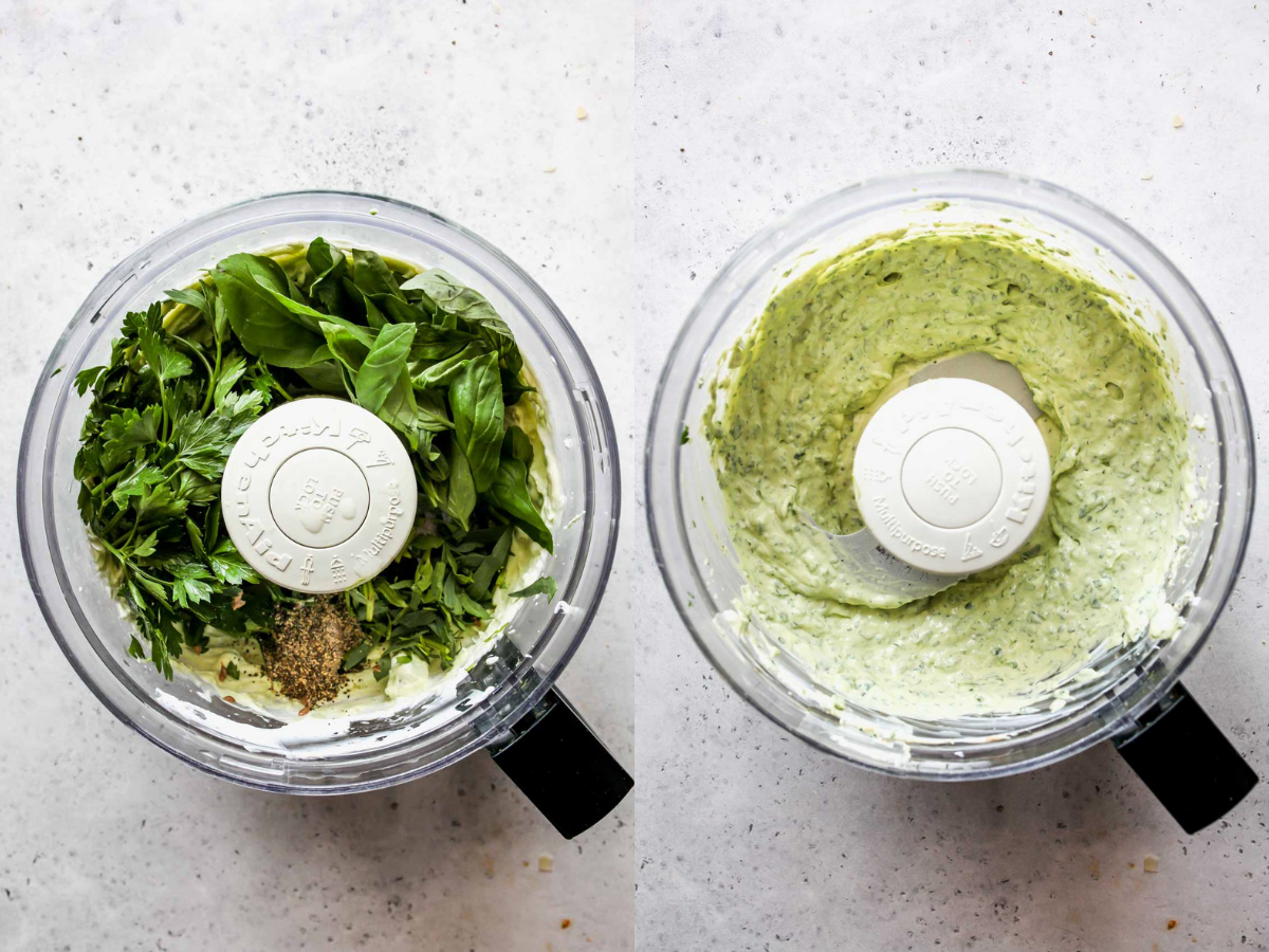 Herbs, lemon, and anchovy paste being added to a food processor