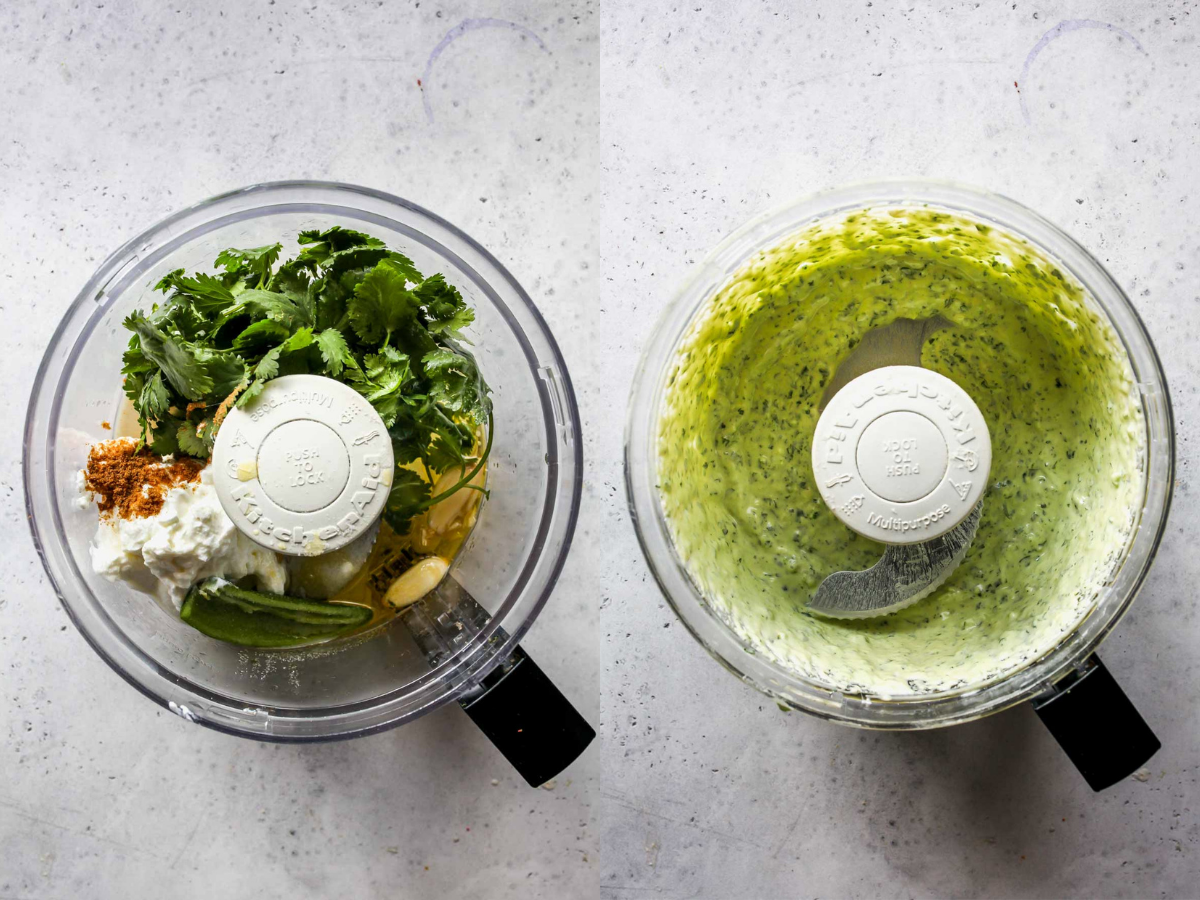 Creamy Jalapeño Verde Sauce being blended in a food processor