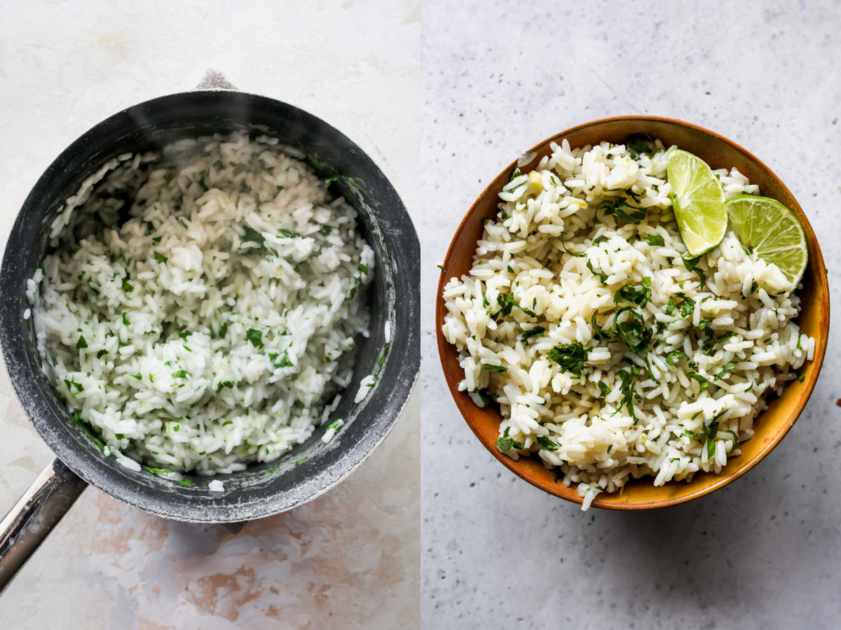 Cilantro-lime rice being cooked in a saucepan