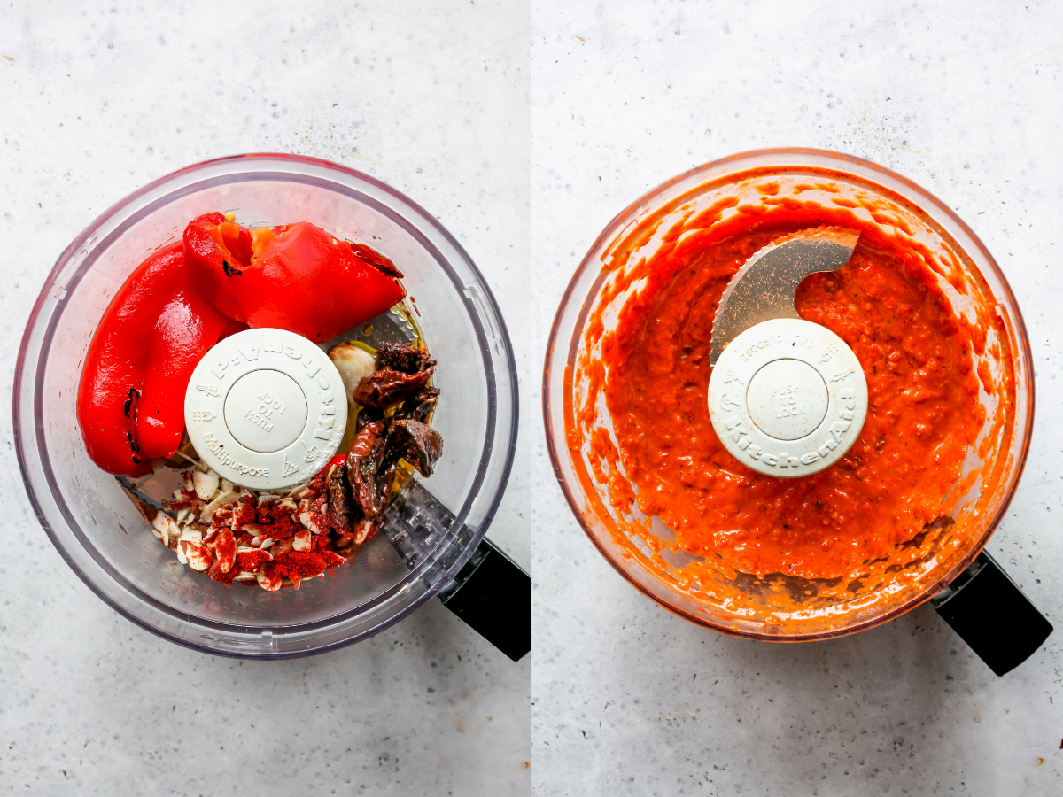 Romesco sauce being blended in a food processor