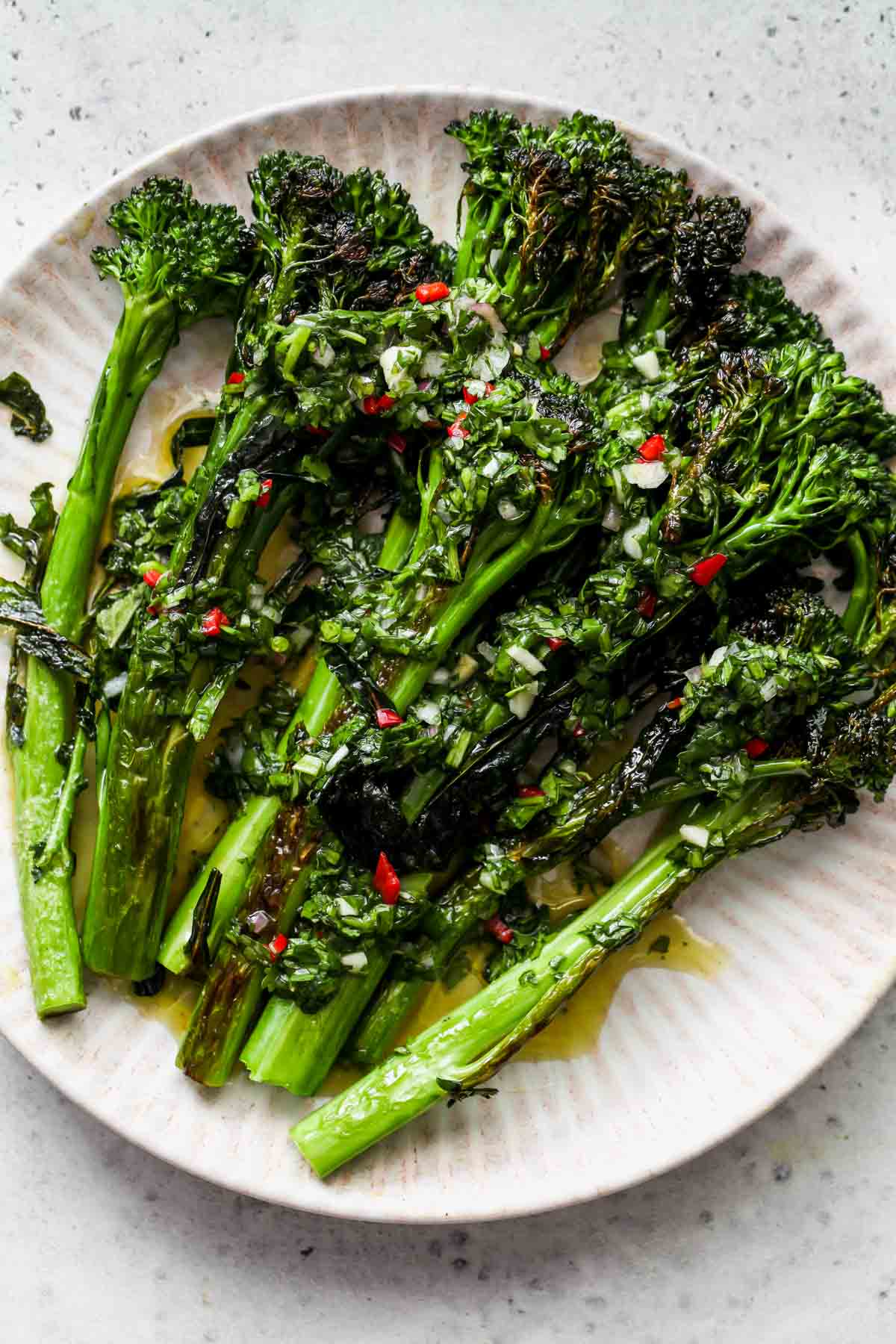 Sauteed broccolini with cilantro chimichurri spooned overtop