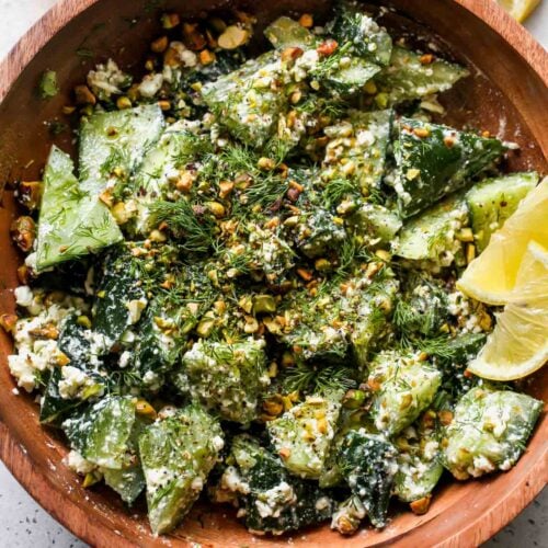 Smashed Cucumber Salad with Feta-Dill Dressing and Pistachios.