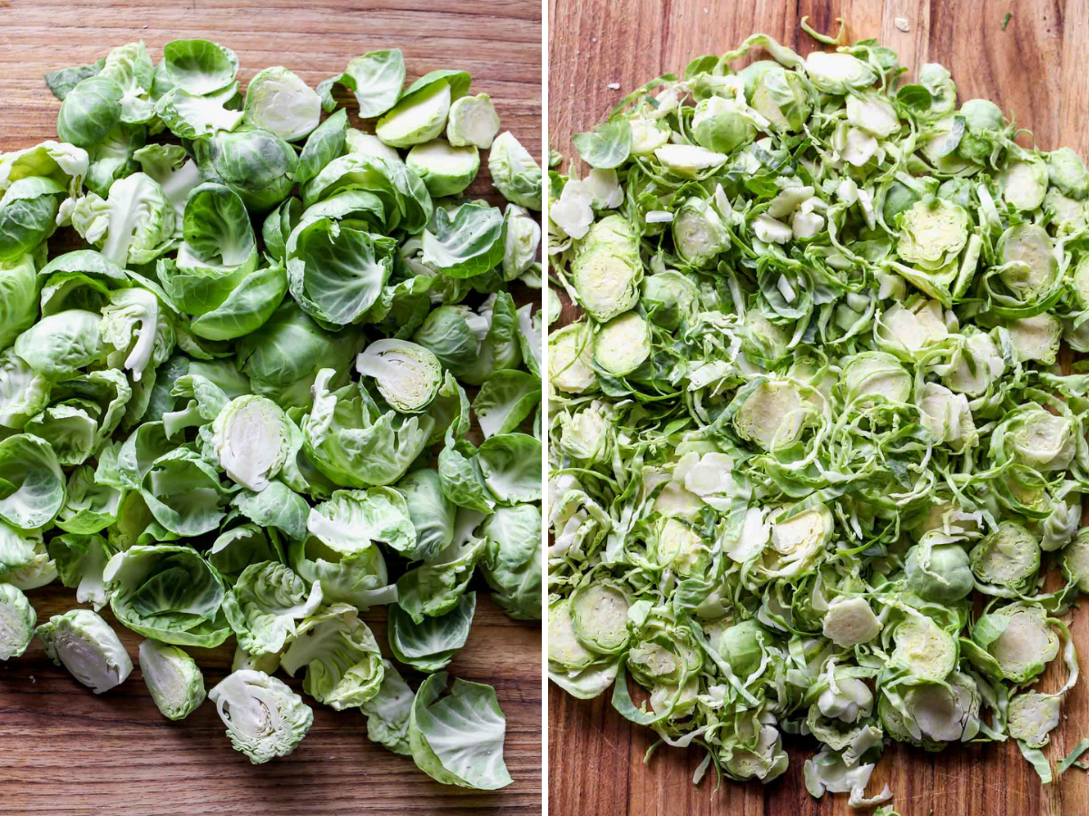 Shaved and torn brussels sprouts on a wooden cutting board