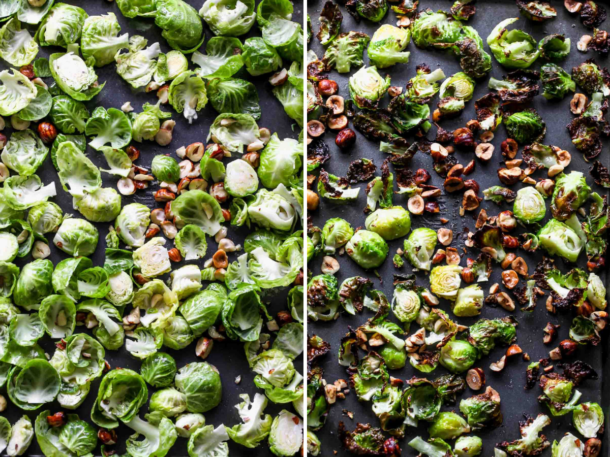 Brussels sprouts leaves and hazelnuts being roasted on a baking sheet