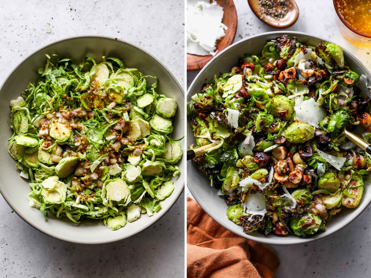 Shaved brussels being tossed with dressing in a white bowl